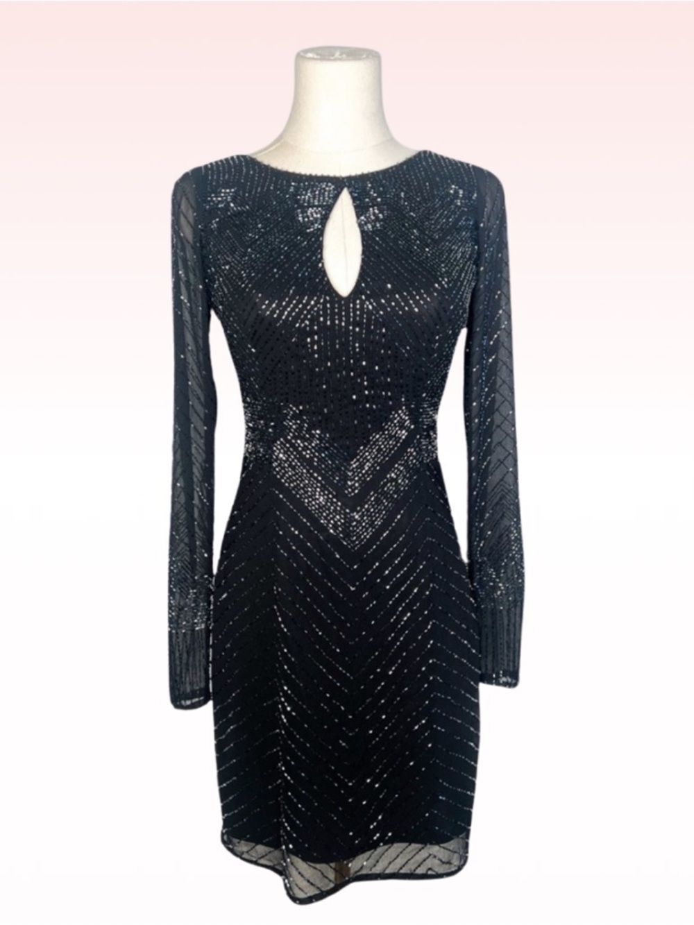 AIDAN MATTOX Black Silver Beaded Embellished Keyhole Dress (Sz 0)